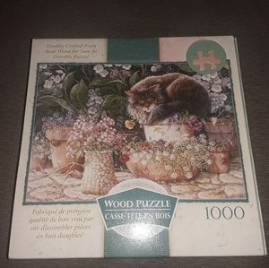 Mega Brand 1000 Wood Jigsaw Puzzle New Old Stock 2007 Sleeping Cat Pansy Flowers